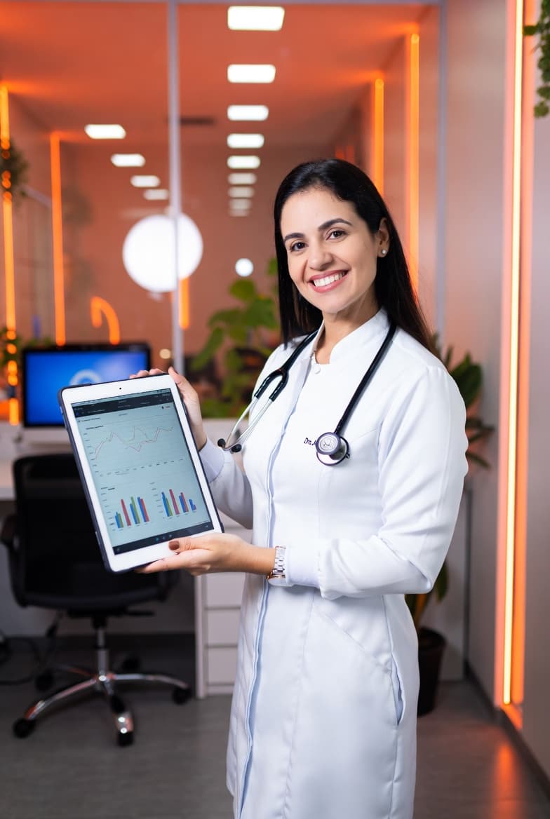 Veterinária segurando um tablet exibindo um dashboard
